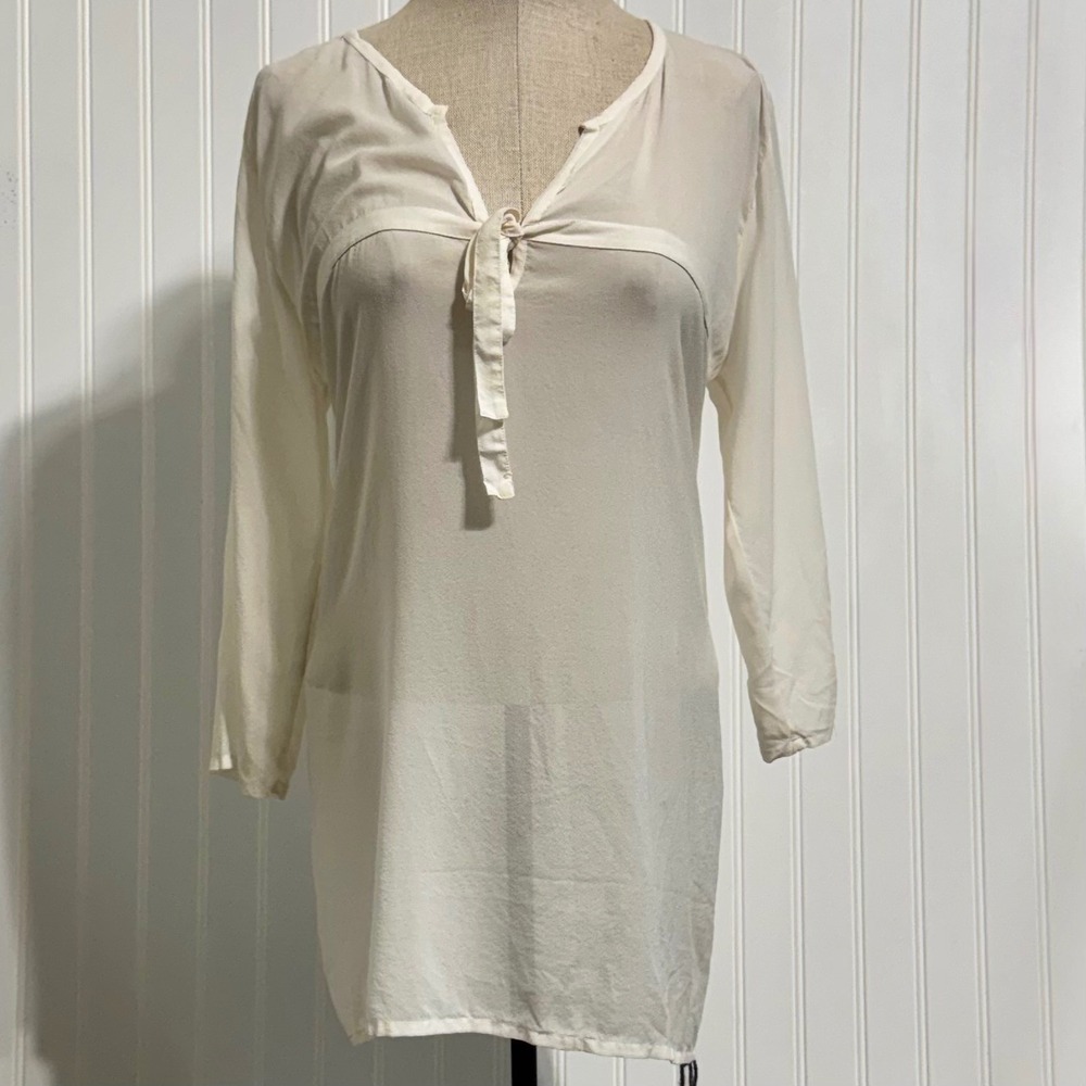 Private 0204 Womens 3 Tie Neck Tunic Top Silk Blend White Lagenlook Minimal NWT